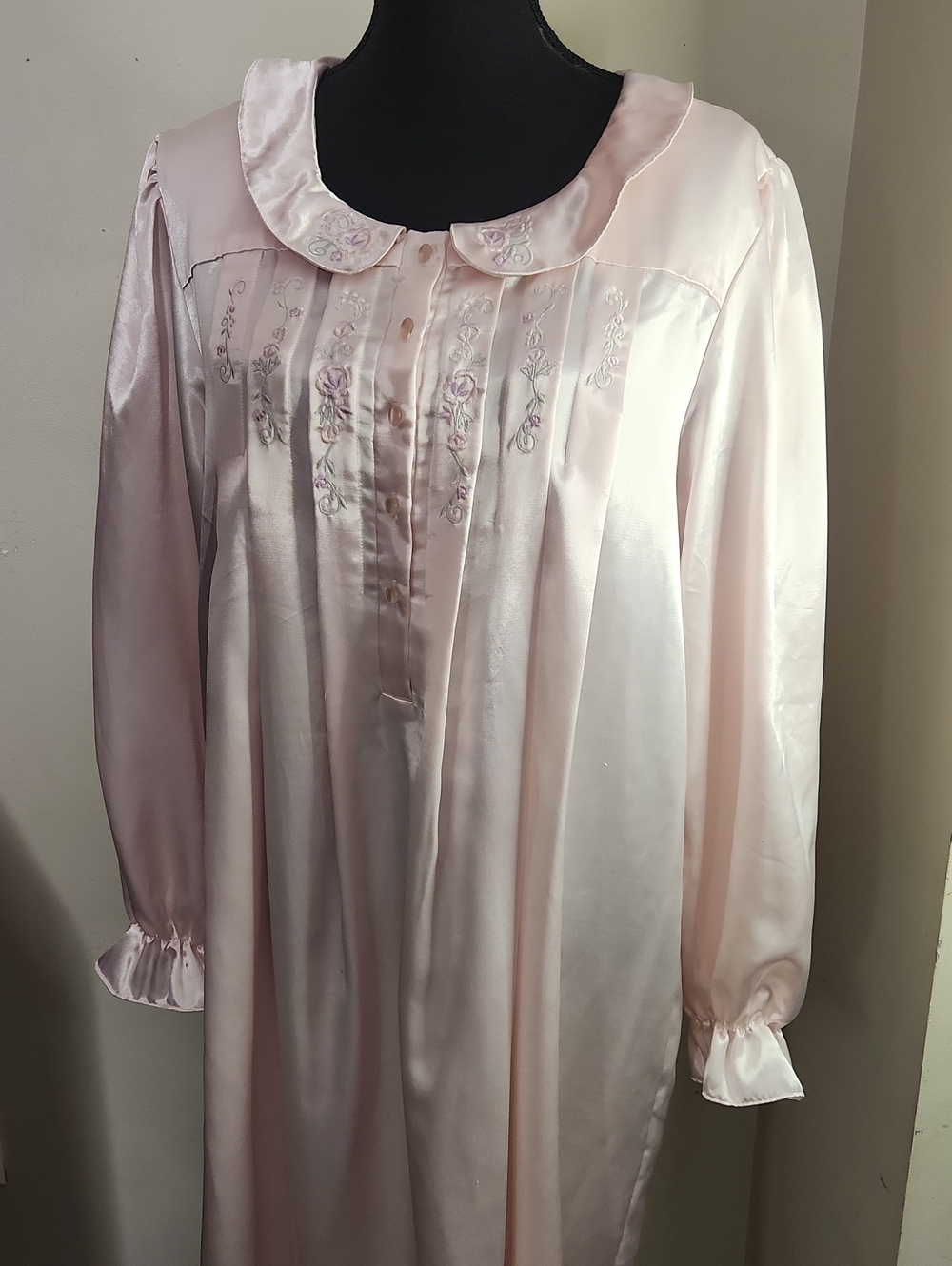 Nicole Light Pink Satin Long Sleeve Nightgown with Embroidery.